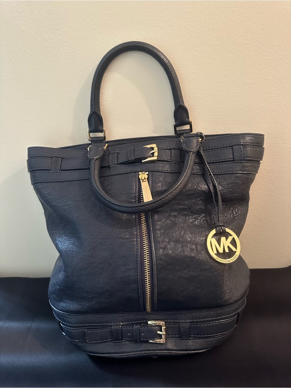 Michael Kors Black Leather Tote with Gold Logo Charm